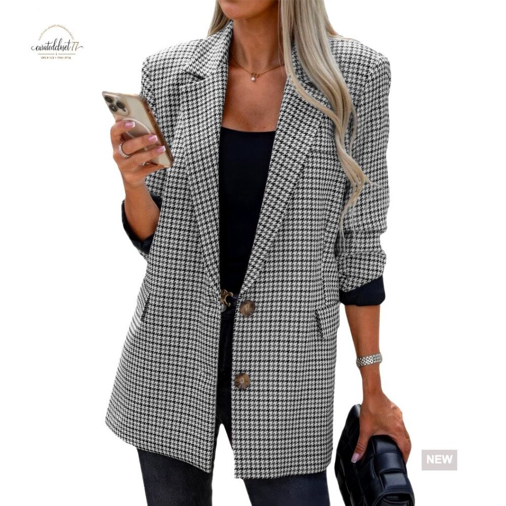 Oversized Boyfriend Blazer Polyester Plaid Notch Lapel Work Office Jacket